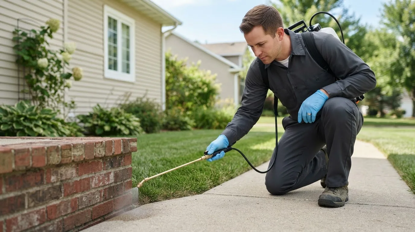 Pest control technician treating a home near Alburnett, IA