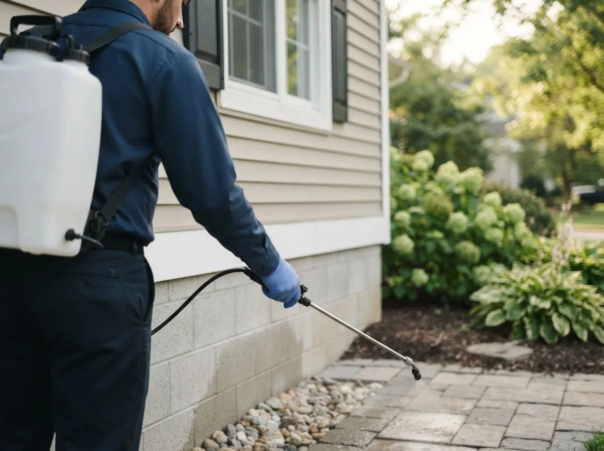 Pest control technician inspecting a home in Alburnett, IA